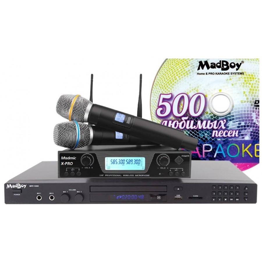 MADMIC VOCAL-2 - комплект караоке для дома, система с двумя радиомикрофонами премиум сегмента, сменные частоты, ЭХО, 500 песен