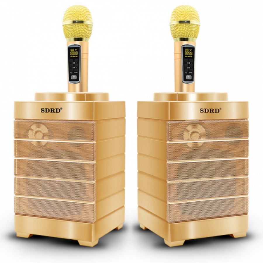 SDRD SD-128 (GOLD) – аккумуляторная Bluetooth колонка, объемный звук, с двумя радиомикрофонами и встроенной зарядкой